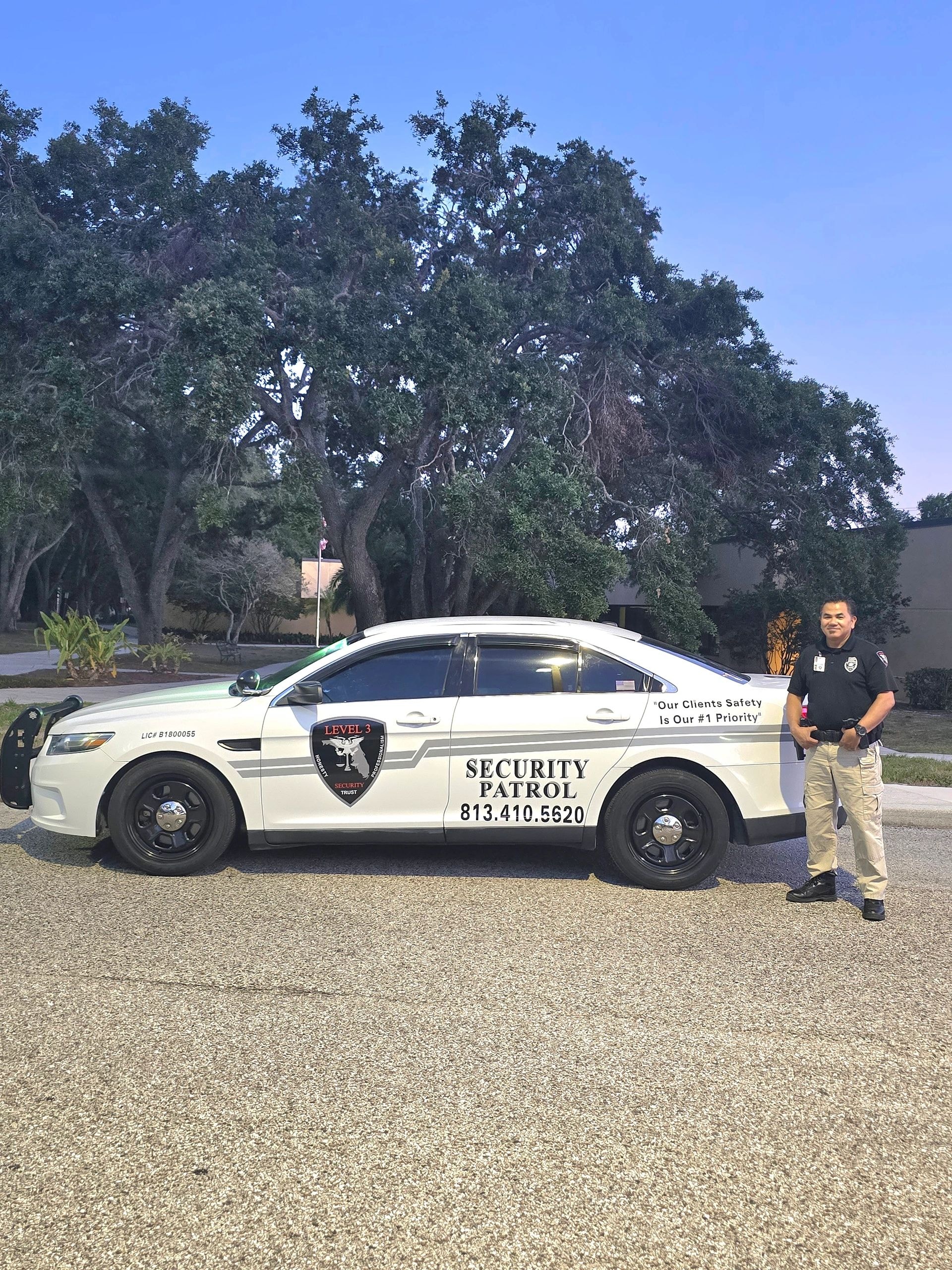 Security patrol vehicle parked at residential property