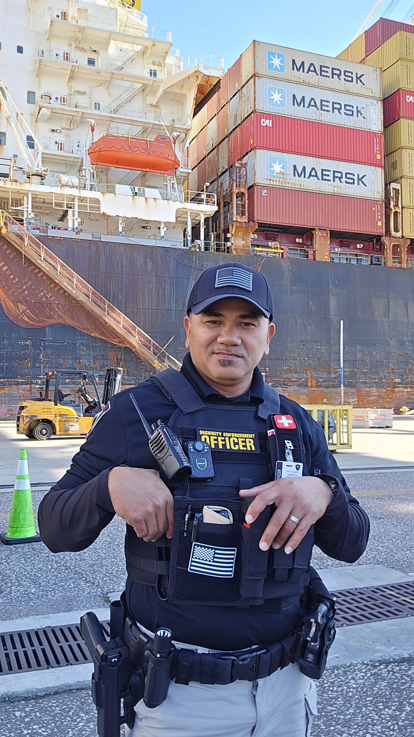 Security enforcement officer at Maersk cargo ship port